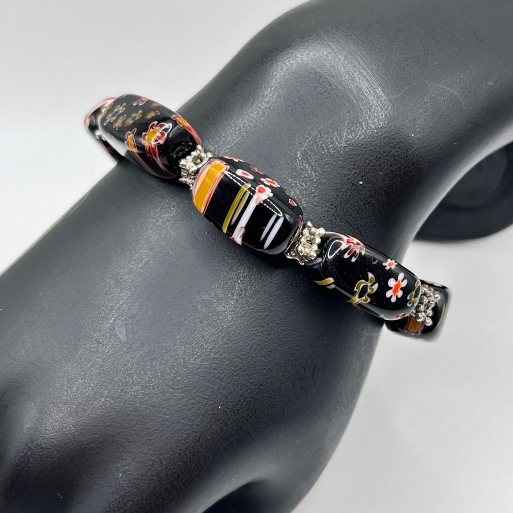 Millefiori Glass Beads Stretch Bracelet Black with Multicolor Floral Design 6.5"